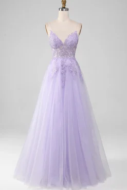 Sparkly Light roxo A-Line espaguete alças longo vestido de baile com missangas