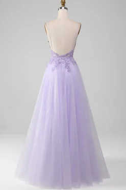 Sparkly Light roxo A-Line espaguete alças longo vestido de baile com missangas