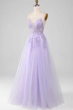 Sparkly Light roxo A-Line espaguete alças longo vestido de baile com missangas