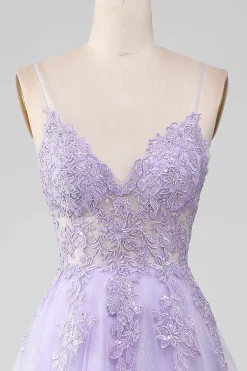 Sparkly Light roxo A-Line espaguete alças longo vestido de baile com missangas