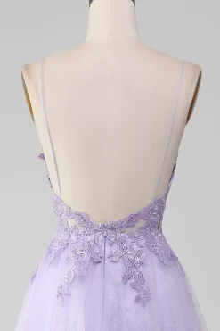 Sparkly Light roxo A-Line espaguete alças longo vestido de baile com missangas