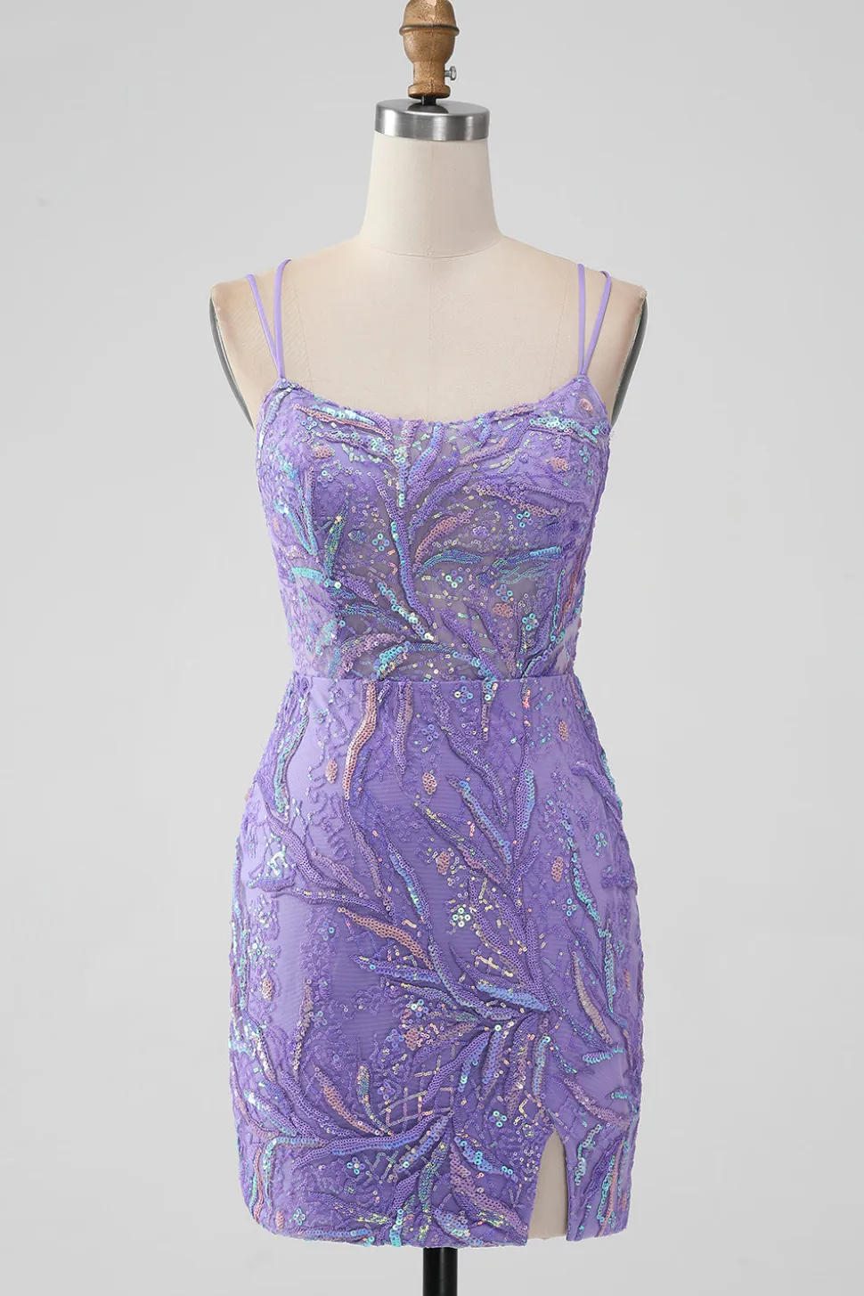 Sparkly Lilac Bodycon Sequins Appliques Vestido Curto Homecoming com Fenda