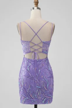 Sparkly Lilac Bodycon Sequins Appliques Vestido Curto Homecoming com Fenda
