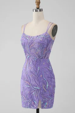 Sparkly Lilac Bodycon Sequins Appliques Vestido Curto Homecoming com Fenda