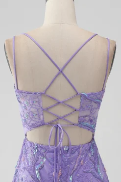 Sparkly Lilac Bodycon Sequins Appliques Vestido Curto Homecoming com Fenda