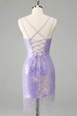 Sparkly Lilac Bodycon Sequins Lace Up Back Short Homecoming Dress com Tassels