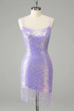 Sparkly Lilac Bodycon Sequins Vestido Curto Homecoming com Tassels