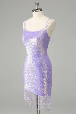 Sparkly Lilac Bodycon Sequins Vestido Curto Homecoming com Tassels