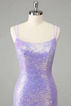 Sparkly Lilac Bodycon Sequins Vestido Curto Homecoming com Tassels