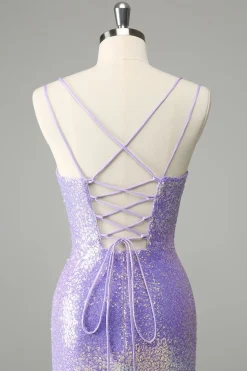 Sparkly Lilac Bodycon Sequins Vestido Curto Homecoming com Tassels