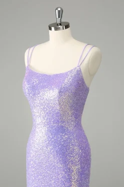 Sparkly Lilac Bodycon Sequins Vestido Curto Homecoming com Tassels