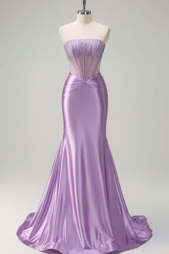 Sparkly Lilac Sereia Strapless Sheer Corset Long Prom Dress com Missangas