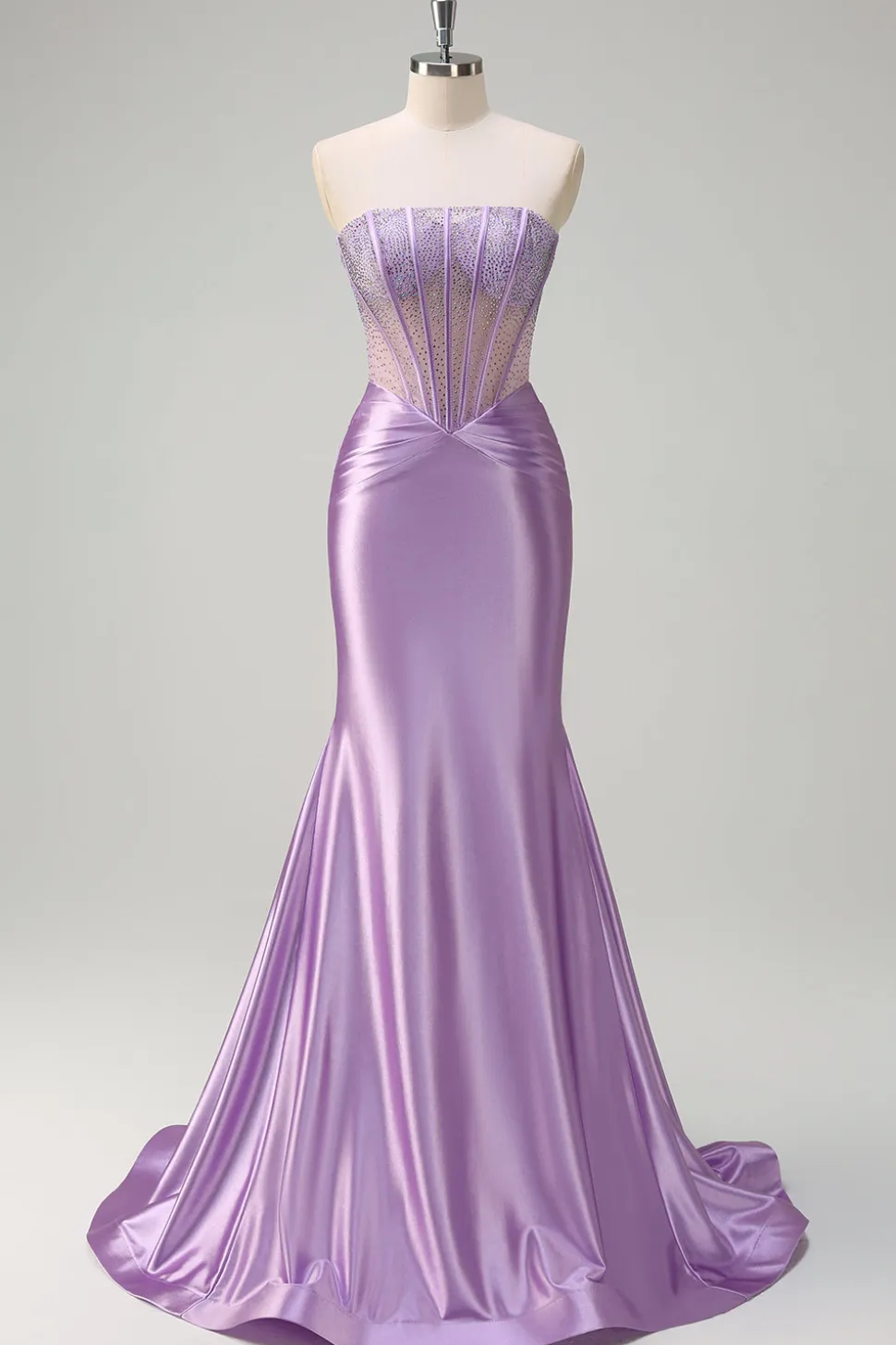 Sparkly Lilac Sereia Strapless Sheer Corset Long Prom Dress com Missangas