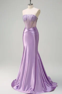 Sparkly Lilac Sereia Strapless Sheer Corset Long Prom Dress com Missangas