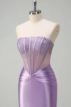 Sparkly Lilac Sereia Strapless Sheer Corset Long Prom Dress com Missangas