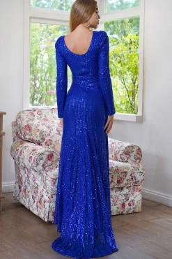 Sparkly mangas longas Sequins Royal Blue vestido de festa de noite com fenda