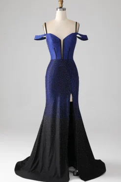 Sparkly Marinha Sereia Long Corset Prom Dress com Fenda