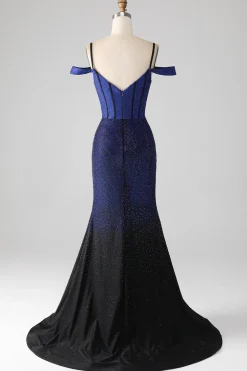 Sparkly Marinha Sereia Long Corset Prom Dress com Fenda