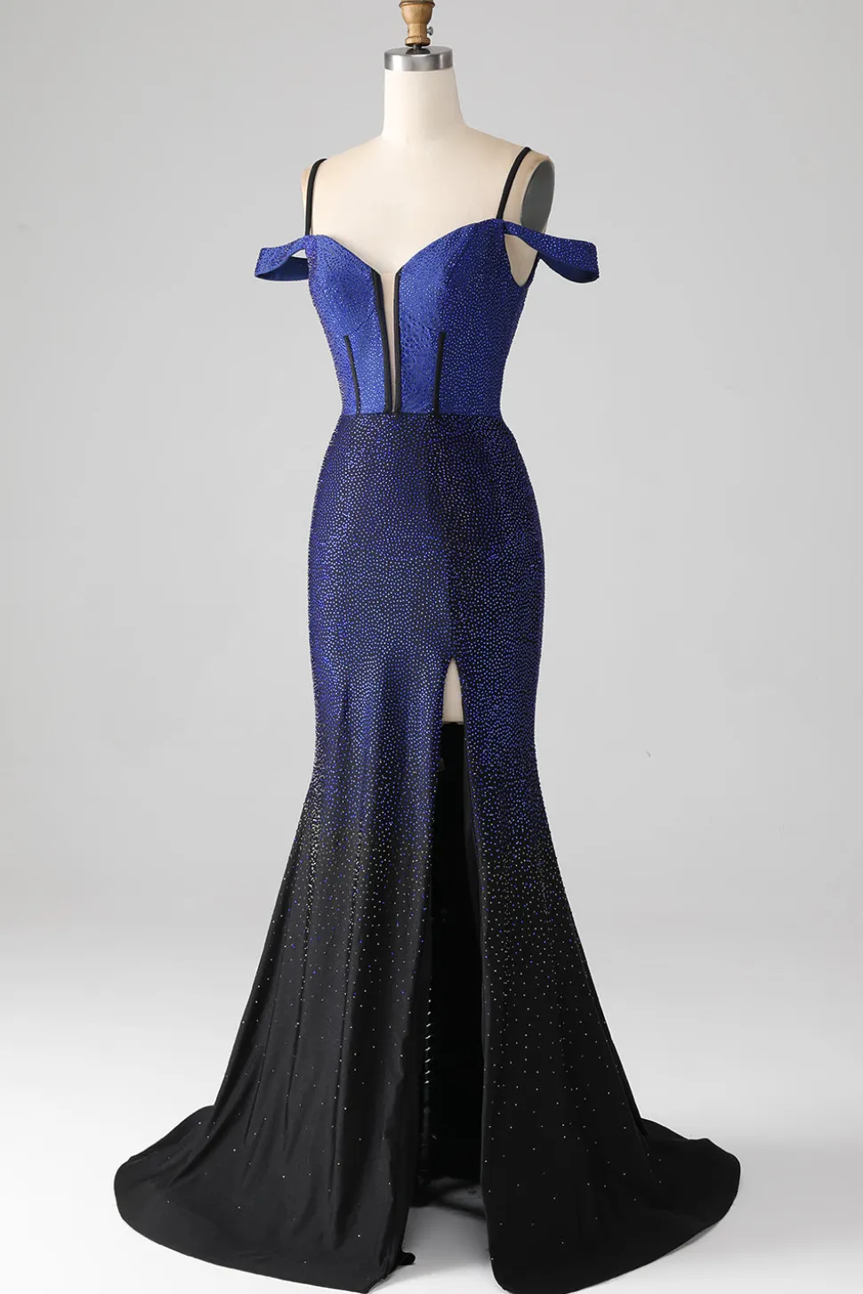 Sparkly Marinha Sereia Long Corset Prom Dress com Fenda