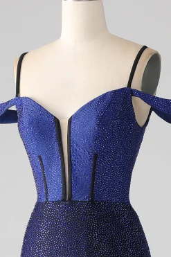 Sparkly Marinha Sereia Long Corset Prom Dress com Fenda