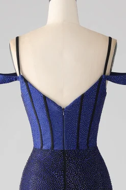 Sparkly Marinha Sereia Long Corset Prom Dress com Fenda