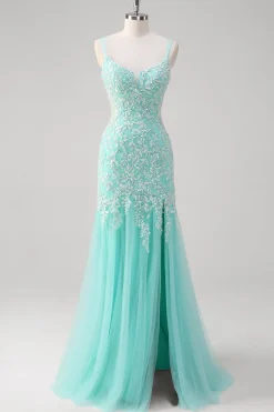 Sparkly Mint Sereia Renda Vestido Longo Baile de Formatura com Fenda