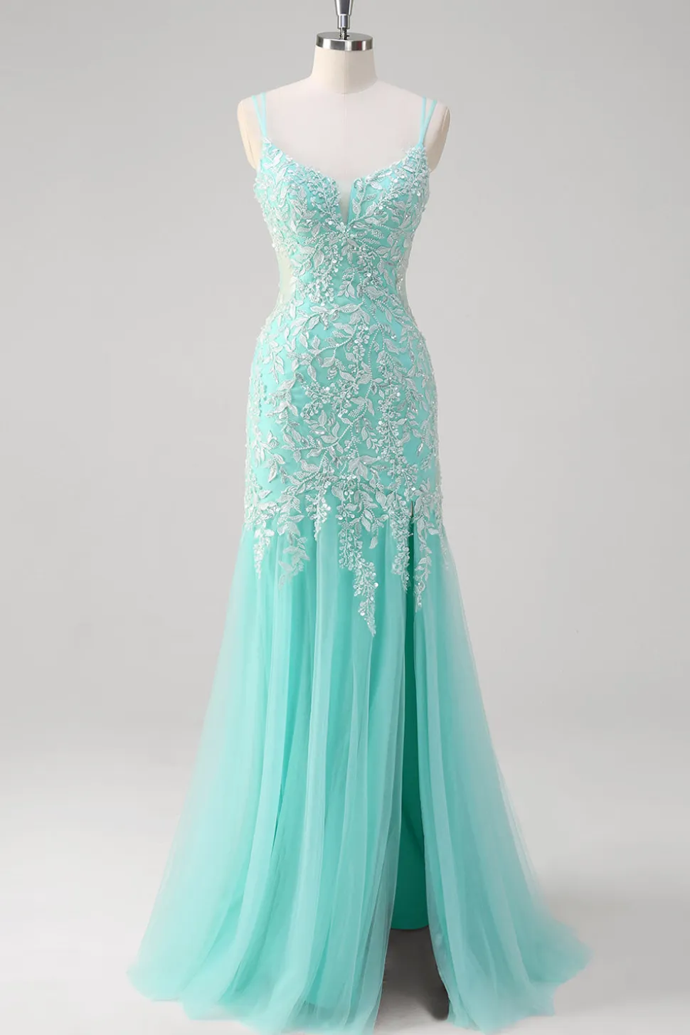 Sparkly Mint Sereia Renda Vestido Longo Baile de Formatura com Fenda