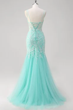 Sparkly Mint Sereia Renda Vestido Longo Baile de Formatura com Fenda