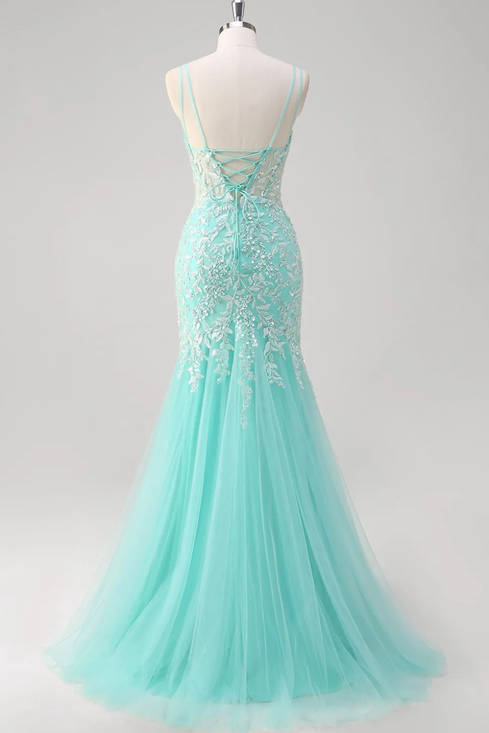 Sparkly Mint Sereia Renda Vestido Longo Baile de Formatura com Fenda