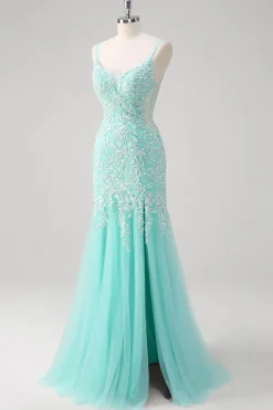 Sparkly Mint Sereia Renda Vestido Longo Baile de Formatura com Fenda