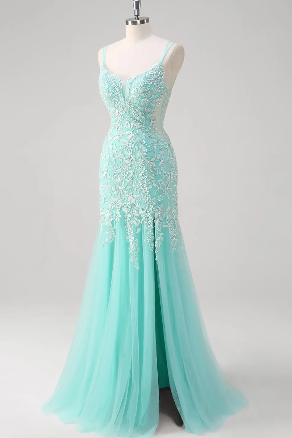 Sparkly Mint Sereia Renda Vestido Longo Baile de Formatura com Fenda