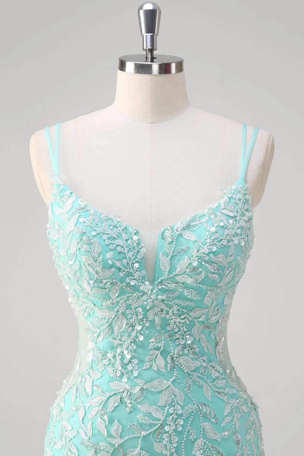 Sparkly Mint Sereia Renda Vestido Longo Baile de Formatura com Fenda