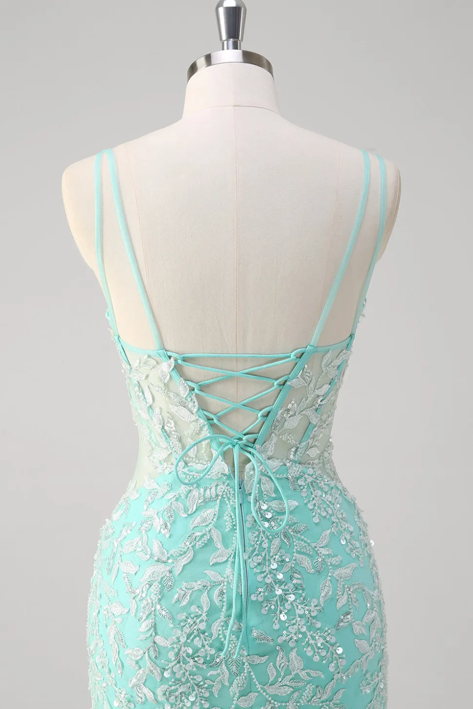 Sparkly Mint Sereia Renda Vestido Longo Baile de Formatura com Fenda
