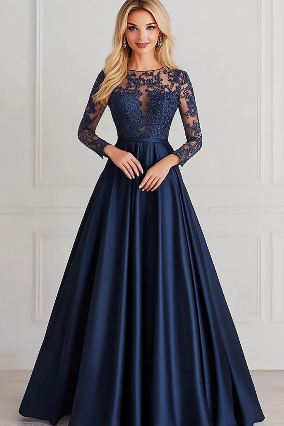 Sparkly Navy A-Line mangas compridas rendilhadas top cetim mãe do vestido da noiva