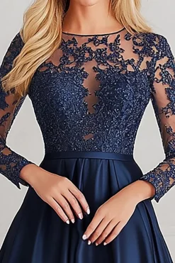 Sparkly Navy A-Line mangas compridas rendilhadas top cetim mãe do vestido da noiva
