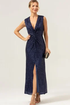 Sparkly Navy Bainha V-Neck Sequins Chá Comprimento Vestido de Baile com Fenda