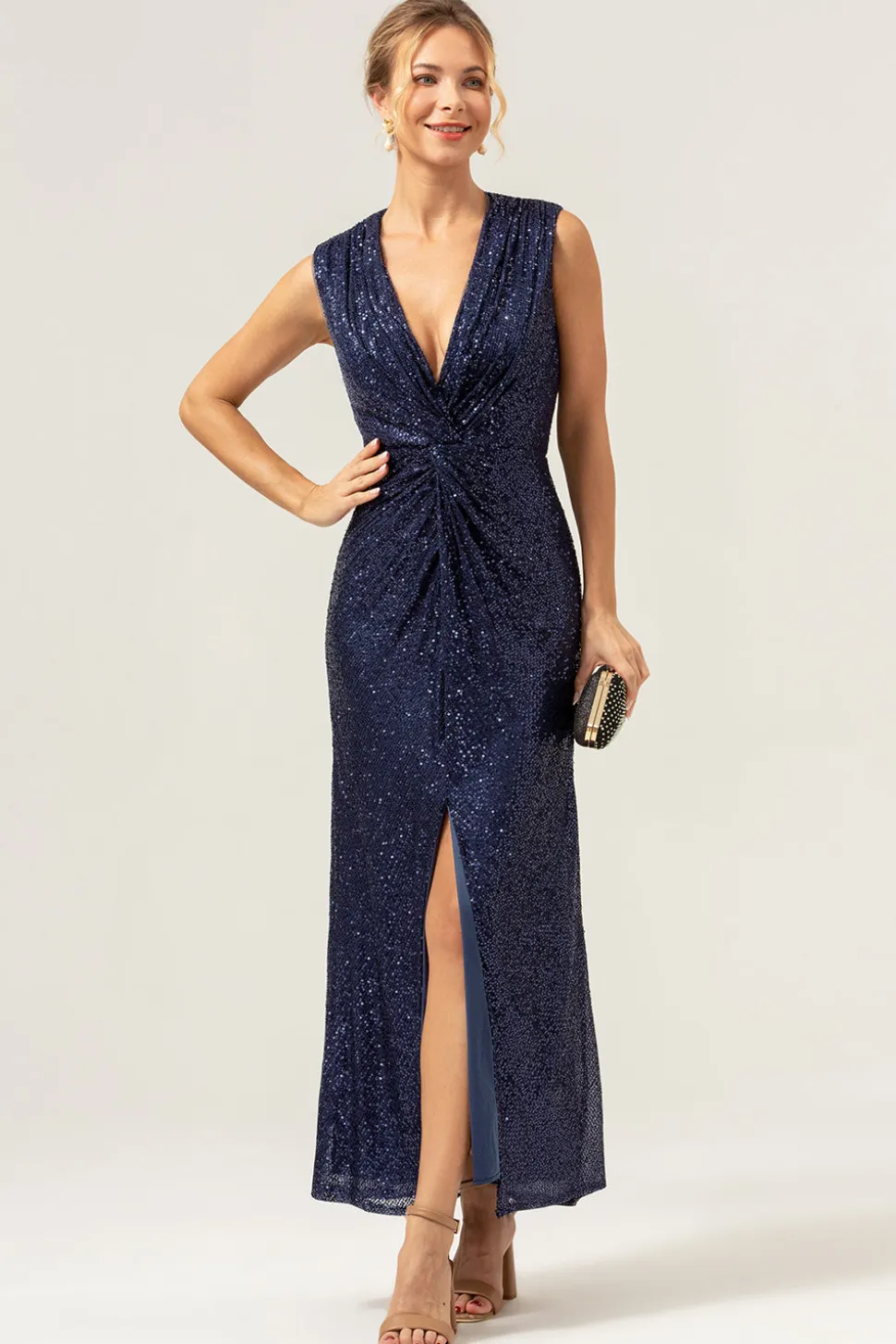 Sparkly Navy Bainha V-Neck Sequins Chá Comprimento Vestido de Baile com Fenda