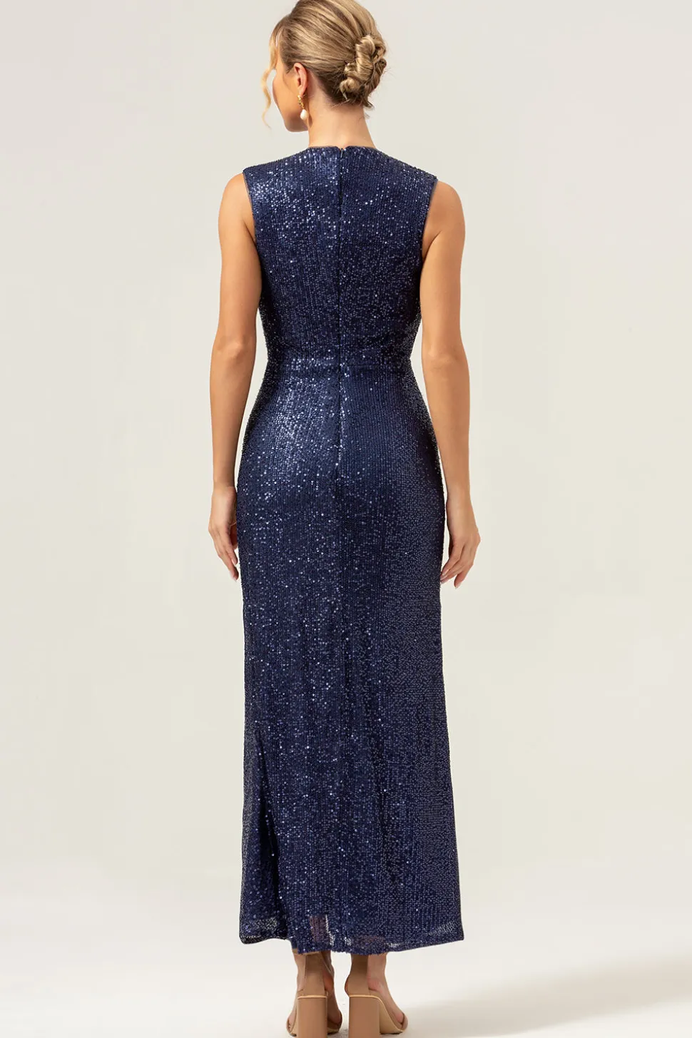Sparkly Navy Bainha V-Neck Sequins Chá Comprimento Vestido de Baile com Fenda