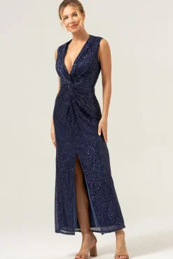 Sparkly Navy Bainha V-Neck Sequins Chá Comprimento Vestido de Baile com Fenda