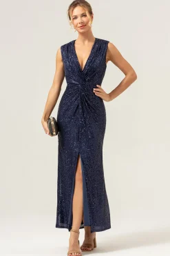 Sparkly Navy Bainha V-Neck Sequins Chá Comprimento Vestido de Baile com Fenda