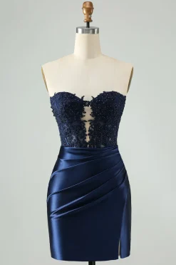 Sparkly Navy Bodycon Strapless Hollow out Homecoming Vestido com renda