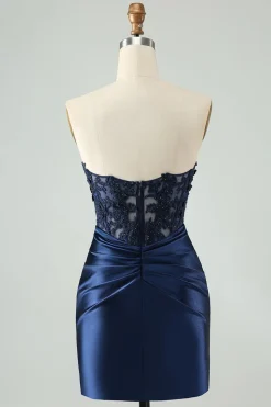 Sparkly Navy Bodycon Strapless Hollow out Homecoming Vestido com renda