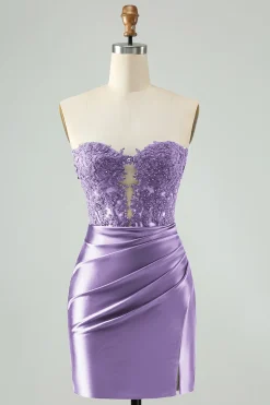 Sparkly Navy Bodycon Strapless Hollow out Homecoming Vestido com renda