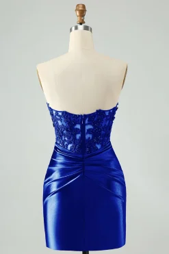 Sparkly Navy Bodycon Strapless Hollow out Homecoming Vestido com renda