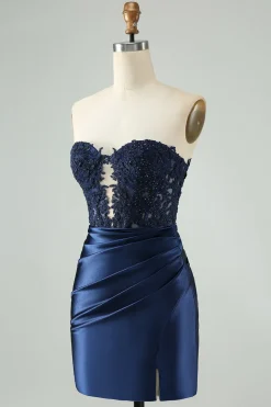 Sparkly Navy Bodycon Strapless Hollow out Homecoming Vestido com renda
