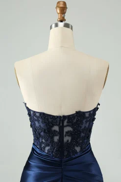 Sparkly Navy Bodycon Strapless Hollow out Homecoming Vestido com renda