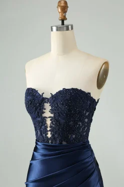 Sparkly Navy Bodycon Strapless Hollow out Homecoming Vestido com renda