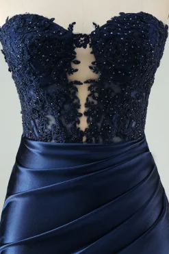 Sparkly Navy Bodycon Strapless Hollow out Homecoming Vestido com renda