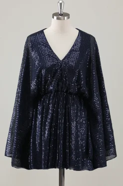 Sparkly Navy curto A-Line Holiday Party Dress com mangas compridas