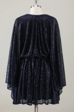 Sparkly Navy curto A-Line Holiday Party Dress com mangas compridas